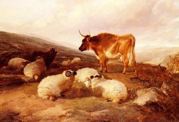 托馬斯 辛德尼 庫珀 Rams And A Bull In A Highland Landscape